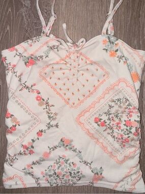 abercrombie kids White Floral Lace-Up Cami with Coral Accents